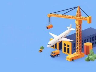 Fototapeta premium Isometric airport terminal under construction with scaffolding and workers installing jet bridges