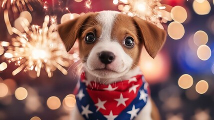 Adorable puppy wearing a patriotic bandana, surrounded by celebratory fireworks.
