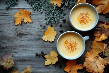 Home supper in the fall and winter, flat-lay of fall warmth. Generative Ai