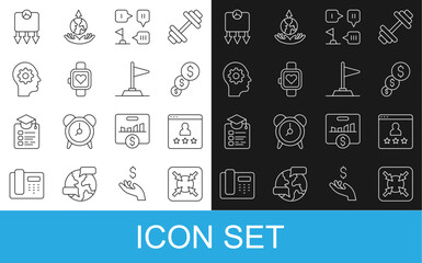 Set line Target, Customer product rating, Financial growth and dollar, Planning strategy, Smart watch, Human head with gear inside, Weight loss and Flag icon. Vector