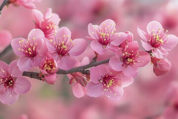Obraz premium Cherry blossom branches bloom in vibrant pink during springtime in a serene garden