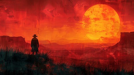 Fototapeta premium A stark and minimalist acrylic painting of a cactus in the vast desert, the sky a gradient of vibrant reds and oranges, with the cactus standing tall against the sinking sun