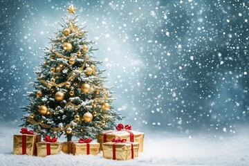 Obraz premium Festive Christmas tree adorned with ornaments and surrounded by beautifully wrapped gifts