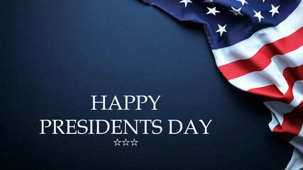 Text Happy Presidents Day with on dark blue background with a US flag, American national holiday