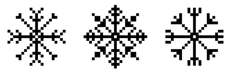 Pixel snowflakes set. A set of pixel vector snowflakes. Christmas New Year 8-bit style illustration.