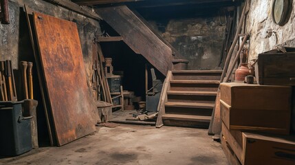 a mysterious basement with a hidden trapdoor partially open, revealing stairs leading to a secret room, surrounded by old tools and boxes 