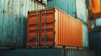 Fototapeta premium Stacked shipping containers in an industrial port, showcasing vibrant colors and rugged textures under sunlight.