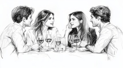 A simple line drawing of friends having dinner together One person is standing up, talking to the group, while others sit at the table with wine glasses in their hands