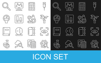 Set line Microorganisms under magnifier, Eye scan, Plant breeding, Calculator, Graph chart infographic, Gauge scale, Magnifying glass and Timing belt kit icon. Vector