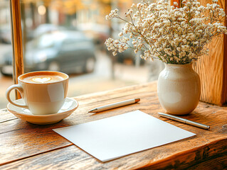 Cozy Coffee Shop Scene With Latte, Paper, And Flowers Near Window