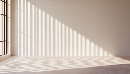 Obraz premium Sunlight casts geometric shadows through large windows, creating an abstract and minimalist interior space.