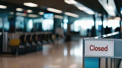 Closed airport counter with "Closed" sign, empty waiting area blurred in the background.