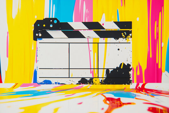 Vintage clapperboard with vibrant dripping paint, concept of creative films