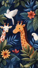Colorful illustration of giraffes and birds in lush foliage.