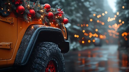 Christmas wreath with red ornaments and string lights decorating the spare tire of an orange off-road vehicle
