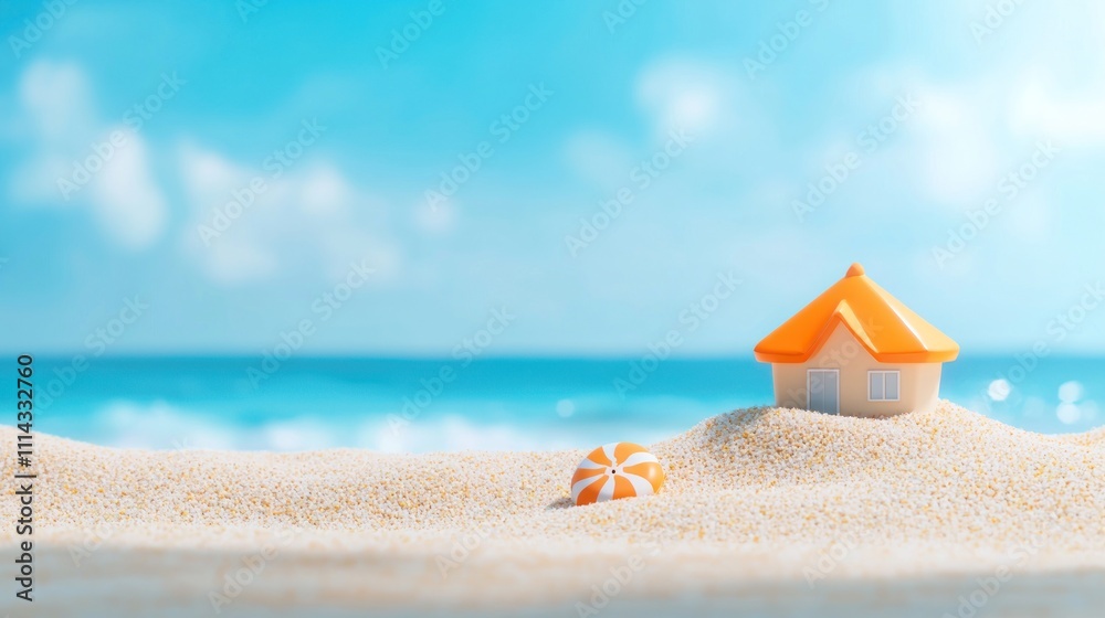 Wall mural a miniature beach house sits on soft sand with a bright orange roof, surrounded by a serene blue oce