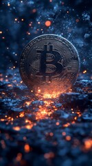 Digital illustration of Bitcoin and trading chart background, digital art, dark blue gradient background