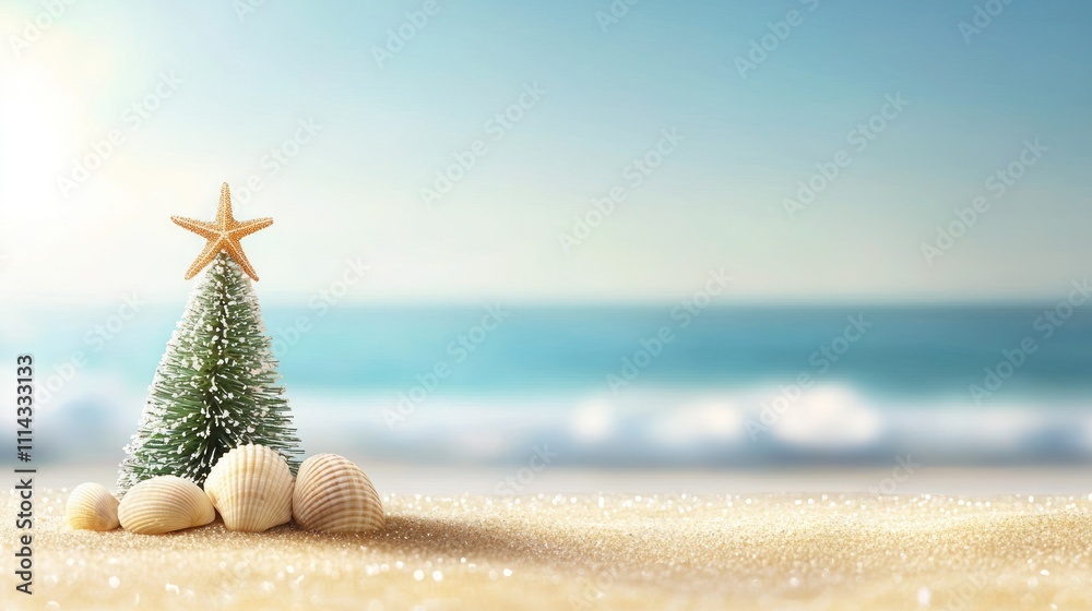 Wall mural a small christmas tree with a star sits on sandy beach, surrounded by seashells, with the ocean in t