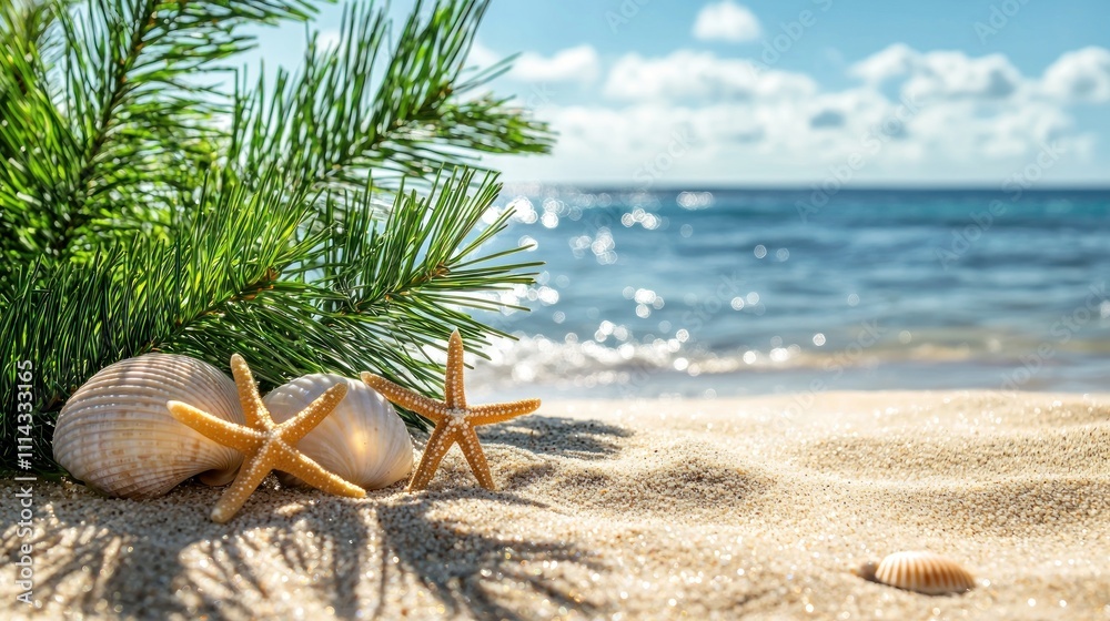 Wall mural a serene beach scene with starfish, seashells, and a sprig of greenery on golden sand, set against a