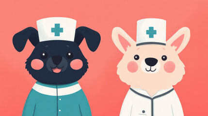 Obraz premium Cute cartoon animals dressed as nurses with friendly smiles.