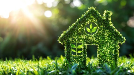 Naklejka premium A green, eco-friendly house made of leaves symbolizes sustainability and harmony with nature, set against a sunlit background.