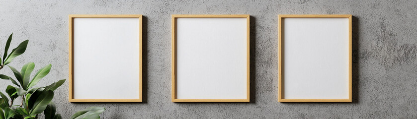 Fototapeta premium Three wooden picture frames displayed on a gray wall with a green plant, perfect for minimalist interior decor inspiration.