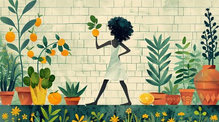 A vibrant illustration showing a person jogging, cooking fresh vegetables, and doing yoga