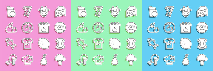 Set line Broccoli, Leather, Sprout, Cow head, Pig, Apple, Fresh smoothie and World Vegetarian day icon. Vector