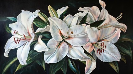 Close-up of three white lilies with dark green leaves, realistically painted.