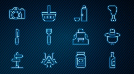 Set line Bottle of wine, Camping hat, Thermos container, Fork, Knife, Photo camera, Kitchen apron and Picnic basket icon. Vector