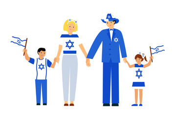 Israeli family. Jews. Flag of Israel. Vector simple color flat illustration.