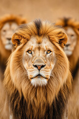 Majestic lion standing proudly in a golden savannah landscape.