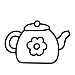 Teapot with a flower. Black and white illustration, hand drawn coloring.