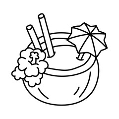 Pina colada, coconut, beach cocktail. Black and white illustration, hand drawn coloring.