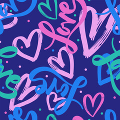 Seamless pattern abstract chaotic inscription love with hearts. Painted with a dry brush monochrome background. Grunge wallpaper for girls, valentine's day holiday, gift paper. Vector texture pattern.