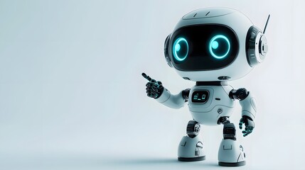 Minimalist Cute Mini Robot with Glowing Eyes Pointing at Blank Space, Futuristic Technology Concept with Copy Space for Product or Service Promotion