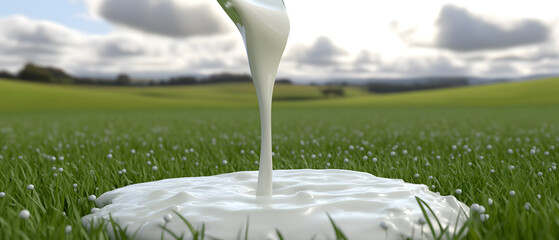 Flowing milk on grass natural landscape food photography green environment close-up view dairy concept for freshness