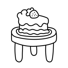 Strawberry cake, a piece of cake. Chair. Black and white illustration, hand drawn coloring.
