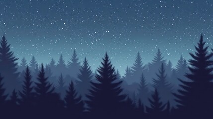 Fototapeta premium Night sky over a dark forest of pine trees, stars and silhouettes.