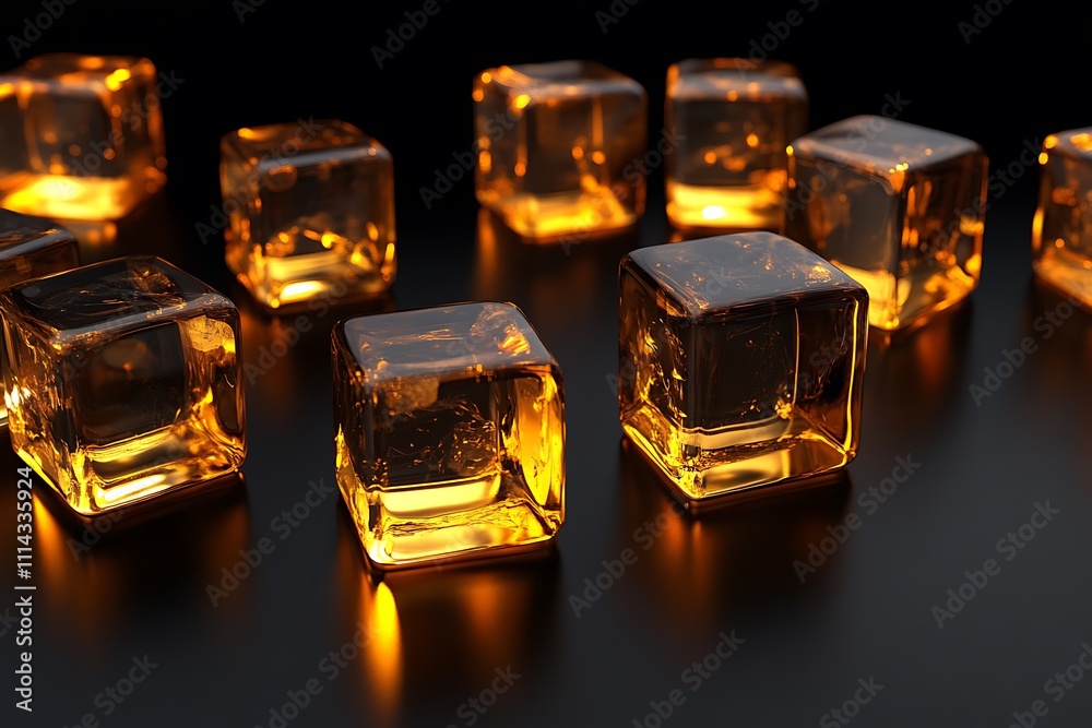 Aufkleber Glowing amber ice cubes scattered on dark surface.