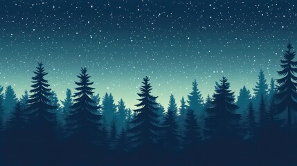 A dense forest of pine tree silhouettes under a starry night sky.