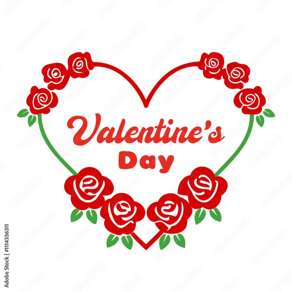 Fototapete vector silhouette of a valentine's day typography design in a heart shape with rose flowers isolated