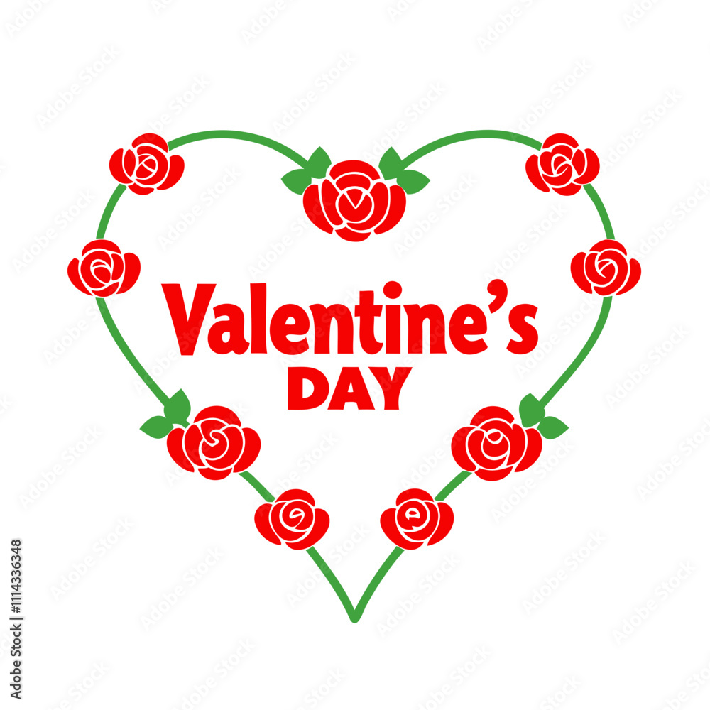 Fototapete vector silhouette of a valentine's day typography design in a heart shape with rose flowers isolated