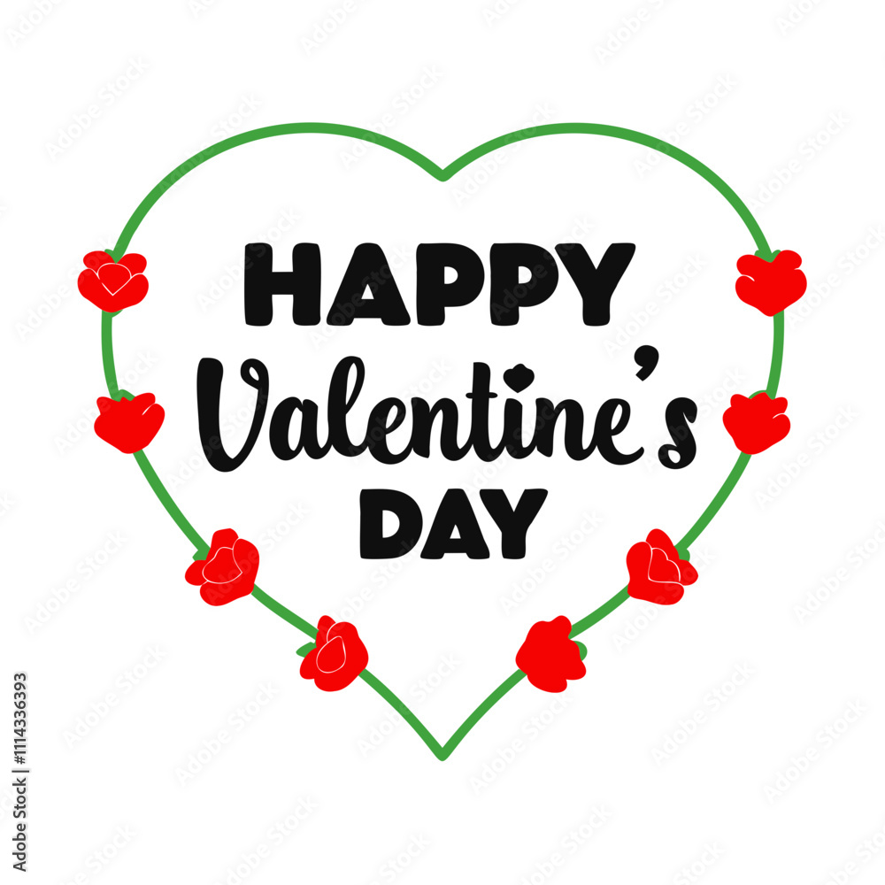 Fototapete vector silhouette of a valentine's day typography design in a heart shape with rose flowers isolated