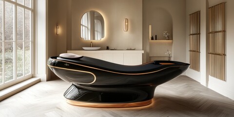 Luxurious modern bathroom showcasing a sleek black bathtub in an elegantly designed space with natural light and minimalistic decor