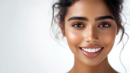 Naklejka premium Close-up portrait of a smiling young woman with perfect skin and teeth, against a white background.