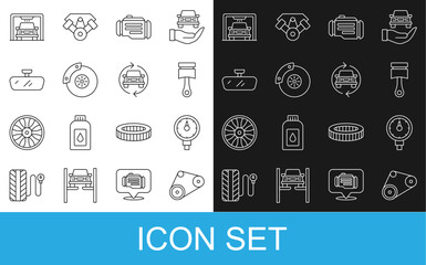 Set line Timing belt kit, Tire pressure gauge, Engine piston, Check engine, Car brake disk with caliper, mirror, wash and service icon. Vector