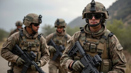 Fototapeta premium Operations Team Members Conduct Training Exercise in Rugged Terrain Under Overcast Sky. Generative AI