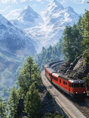Red train on mountain track
