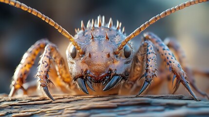 Close-up of a large, spiky ant-like insect with prominent mandibles, perched on wood.